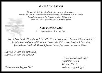 Traueranzeige von Karl Heinz Bundt von Wetterauer Zeitung, Wetterauer Zeitung