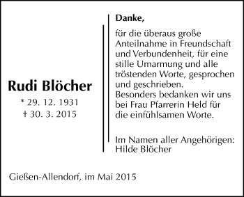 Traueranzeige von Rudi Blöcher von Gießener Allgemeine, Alsfelder Allgemeine