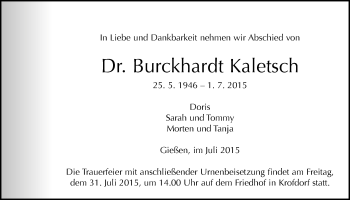 Traueranzeige von Burckhardt Kaletsch von Gießener Allgemeine, Alsfelder Allgemeine