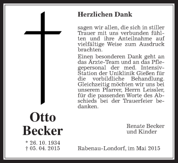 Traueranzeige von Otto Becker von Gießener Allgemeine, Alsfelder Allgemeine