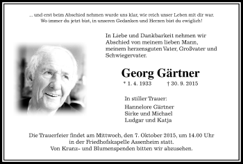 Traueranzeige von Georg Gärtner von Wetterauer Zeitung, Wetterauer Zeitung