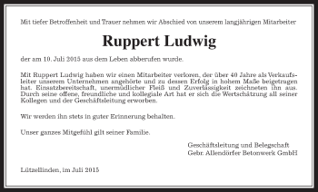 Traueranzeige von Ruppert Ludwig von Gießener Allgemeine, Alsfelder Allgemeine