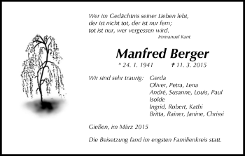Traueranzeige von Manfred Berger von Gießener Allgemeine, Alsfelder Allgemeine