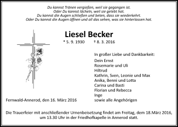 Traueranzeige von Liesel Becker von Gießener Allgemeine, Alsfelder Allgemeine