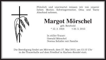 Traueranzeige von Margot Mörschel von Wetterauer Zeitung