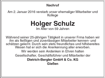 Traueranzeige von Holger Schulz 