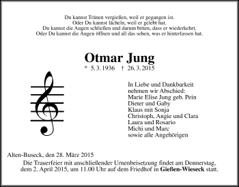 Traueranzeige von Otmar Jung von Gießener Allgemeine, Alsfelder Allgemeine