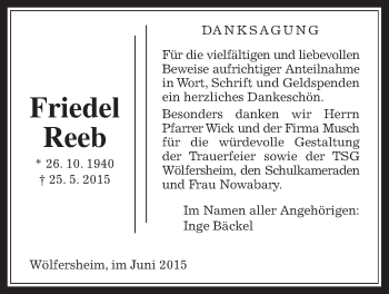 Traueranzeige von Friedel Reeb von Wetterauer Zeitung, Wetterauer Zeitung