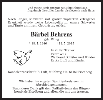 Traueranzeige von Bärbel Behrens von Wetterauer Zeitung, Wetterauer Zeitung