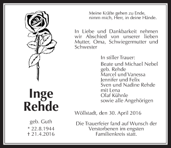 Traueranzeige von Inge Rehde von Wetterauer Zeitung, Wetterauer Zeitung