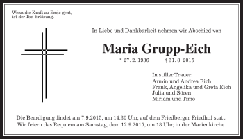 Traueranzeige von Maria Grupp-Eich von Wetterauer Zeitung, Wetterauer Zeitung