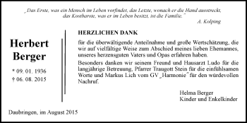 Traueranzeige von Herbert Berger von Gießener Allgemeine, Alsfelder Allgemeine