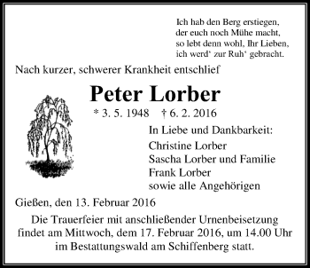 Traueranzeige von Peter Lorber von Gießener Allgemeine, Alsfelder Allgemeine