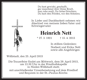 Traueranzeige von Heinrich Nett von Wetterauer Zeitung, Wetterauer Zeitung