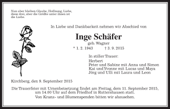 Traueranzeige von Inge Schäfer von Gießener Allgemeine, Alsfelder Allgemeine