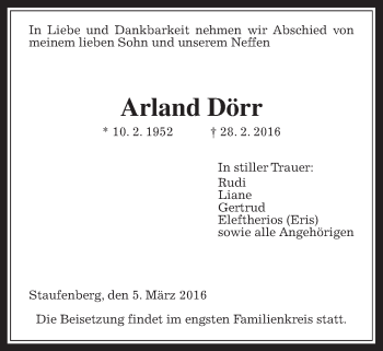 Traueranzeige von Arland Dörr von Gießener Allgemeine, Alsfelder Allgemeine