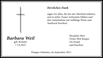 Traueranzeige von Barbara Weil von Licher Wochenblatt, Licher Wochenblatt, Licher Wochenblatt