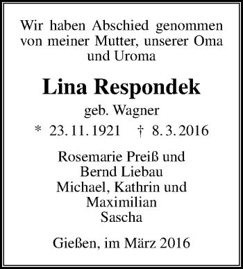 Traueranzeige von Lina Respondek von Gießener Allgemeine, Alsfelder Allgemeine