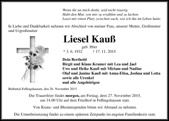Traueranzeige von Liesel Kauß von Gießener Allgemeine, Alsfelder Allgemeine
