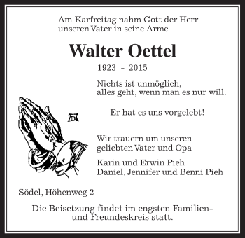 Traueranzeige von Walter Oettel von Wetterauer Zeitung, Wetterauer Zeitung