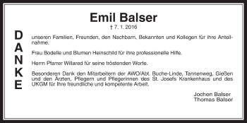 Traueranzeige von Emil Balser von Gießener Allgemeine, Alsfelder Allgemeine
