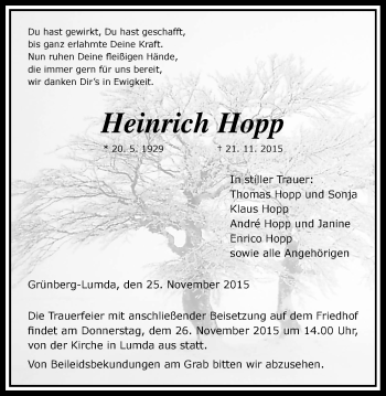 Traueranzeige von Heinrich Hopp von Gießener Allgemeine, Alsfelder Allgemeine