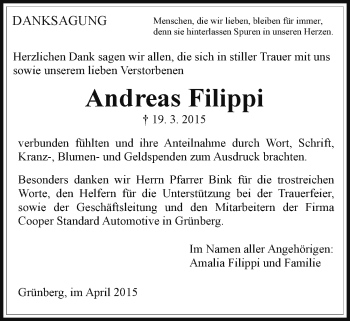 Traueranzeige von Andreas Filippi von Gießener Allgemeine, Alsfelder Allgemeine