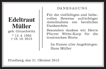 Traueranzeige von Edeltraut Müller von Wetterauer Zeitung, Wetterauer Zeitung