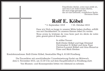 Traueranzeige von Rolf E. Köbel von Wetterauer Zeitung, Wetterauer Zeitung