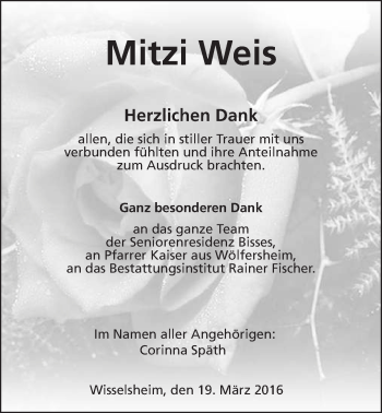 Traueranzeige von Mitzi Weis von Wetterauer Zeitung, Wetterauer Zeitung