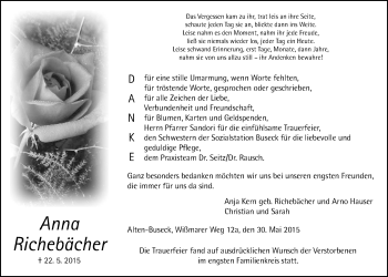 Traueranzeige von Anna Richebächer von Gießener Allgemeine, Alsfelder Allgemeine