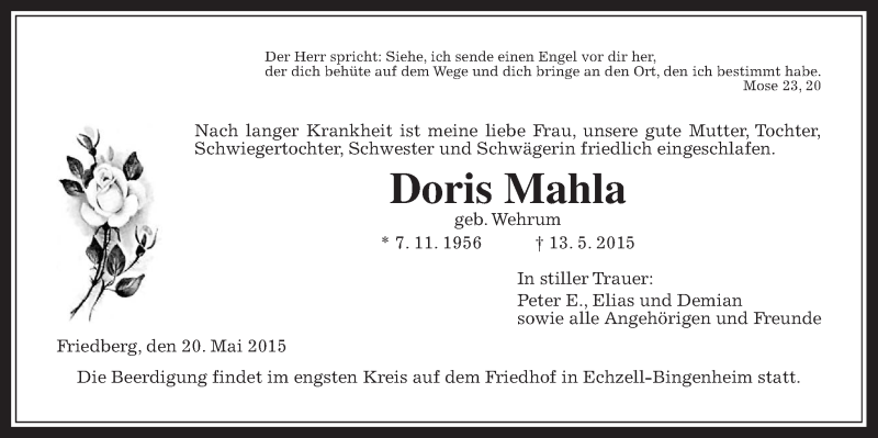  Traueranzeige für Doris Mahla vom 20.05.2015 aus Wetterauer Zeitung, Wetterauer Zeitung