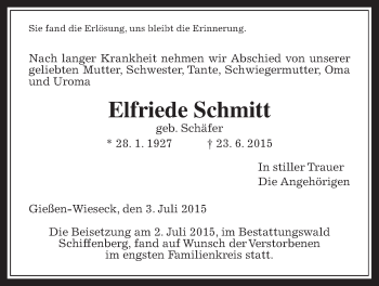 Traueranzeige von Elfriede Schmidt von Gießener Allgemeine, Alsfelder Allgemeine