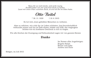 Traueranzeige von Otto Beitel von Wetterauer Zeitung, Wetterauer Zeitung