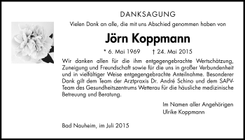 Traueranzeige von Jörn Koppmann von Wetterauer Zeitung, Wetterauer Zeitung, Gießener Allgemeine, Alsfelder Allgemeine, Wetterauer Zeitung, Wetterauer Zeitung