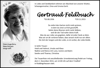 Traueranzeige von Gertraud Feldbusch von Gießener Allgemeine, Alsfelder Allgemeine