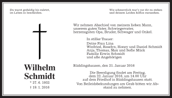 Traueranzeige von Wilhelm Schmidt von Gießener Allgemeine, Alsfelder Allgemeine