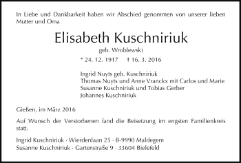 Traueranzeige von Elisabeth Kuschniriuk von Gießener Allgemeine, Alsfelder Allgemeine