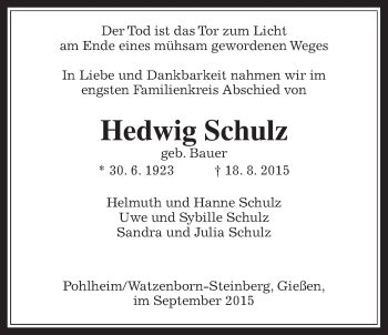 Traueranzeige von Hedwig Schulz von Pohlheimer Nachrichten