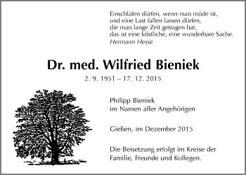 Traueranzeige von Wilfried Bieniek von Gießener Allgemeine, Alsfelder Allgemeine