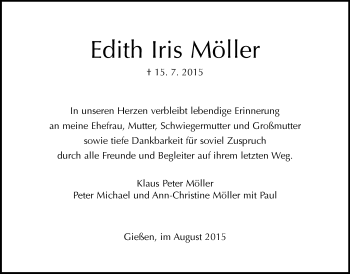 Traueranzeige von Edith Iris Möller von Gießener Allgemeine, Alsfelder Allgemeine
