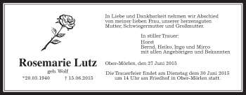Traueranzeige von Rosemarie Lutz von Wetterauer Zeitung, Wetterauer Zeitung