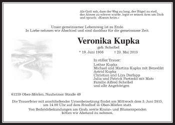 Traueranzeige von Veronika Kipka von Wetterauer Zeitung, Wetterauer Zeitung