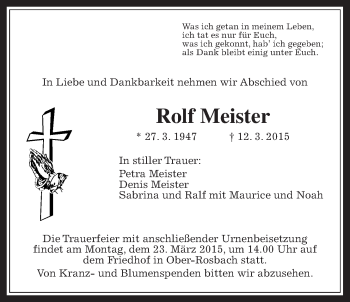 Traueranzeige von Rolf Meister von Wetterauer Zeitung, Wetterauer Zeitung