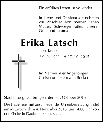 Traueranzeige von Erika Latsch von Gießener Allgemeine, Alsfelder Allgemeine