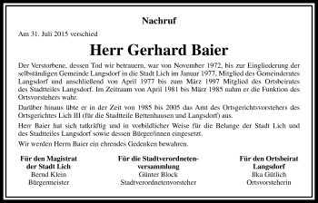 Traueranzeige von Gerhard Baier von Licher Wochenblatt, Licher Wochenblatt, Licher Wochenblatt