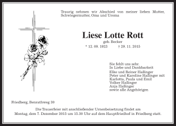 Traueranzeige von Liese Lotte Rott von Wetterauer Zeitung, Wetterauer Zeitung