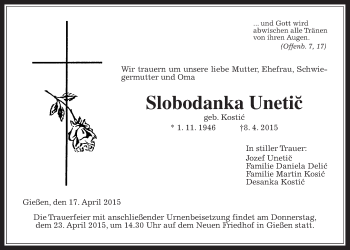Traueranzeige von Slobodanka Unetic von Gießener Allgemeine, Alsfelder Allgemeine