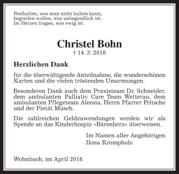 Traueranzeige von Christel Bohn von Wetterauer Zeitung, Wetterauer Zeitung