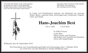 Traueranzeige von Hans-Joachim Best von Wetterauer Zeitung, Wetterauer Zeitung
